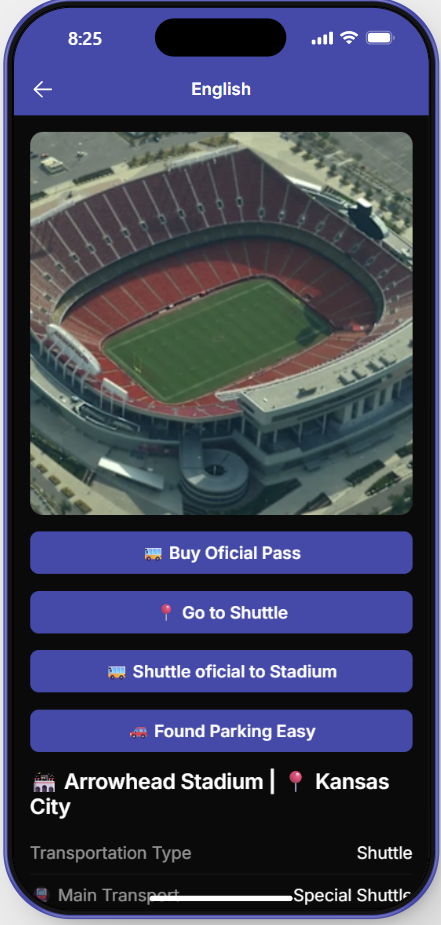 Pantalla de la app mostrando transporte al estadio, shuttle y parking