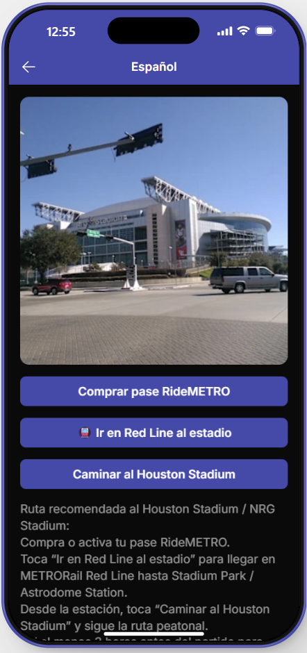 pantalla guia ruta nrg houston