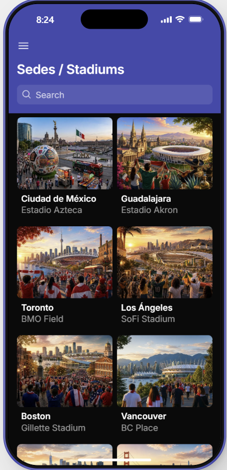 Pantalla de la app Viajero Futbolero mostrando sedes y estadios